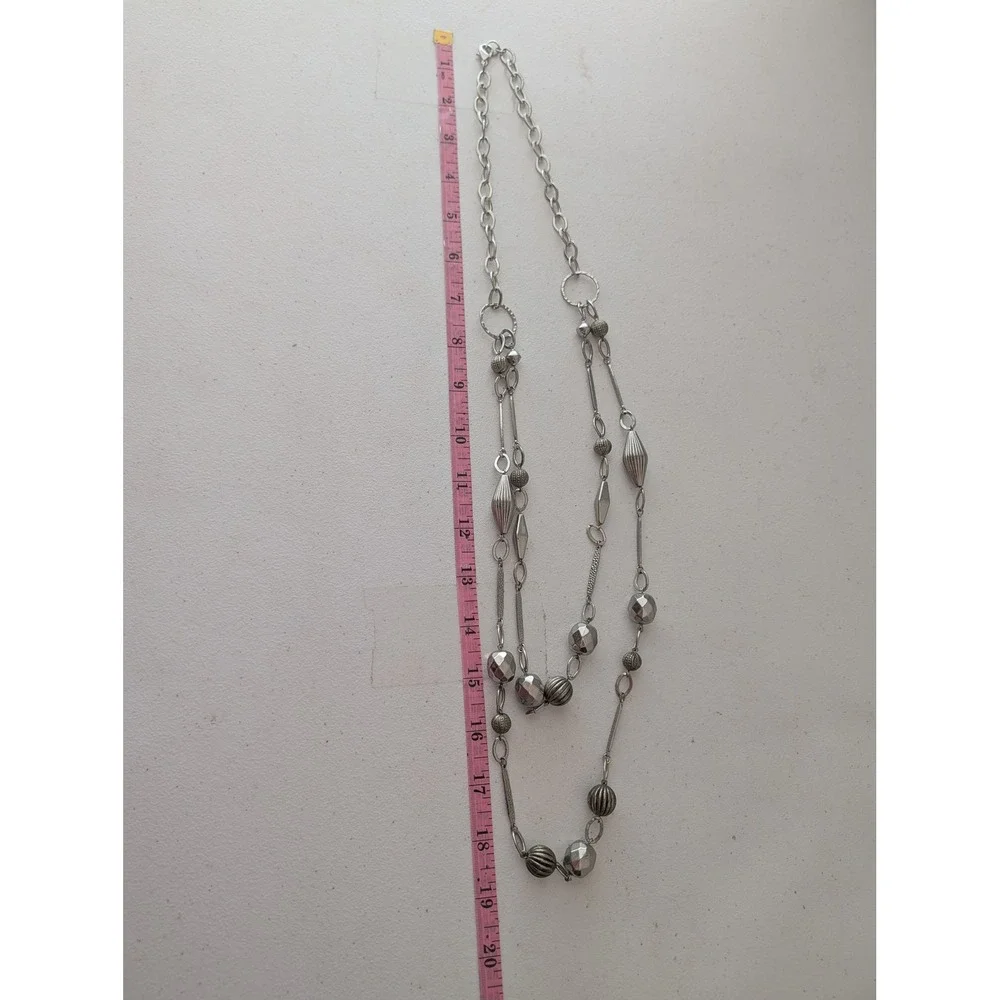 Unsigned Silver Tone Multi-Strand Long Geometric Beaded Layered Necklace 38 In